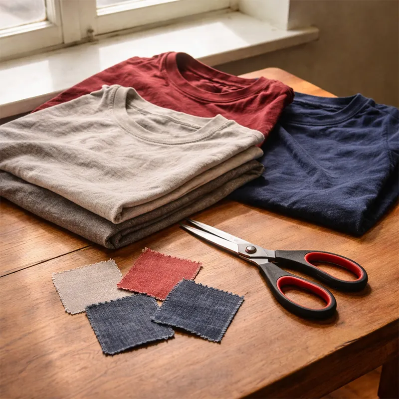 camisas velhas e pedaços de tecidos velhos em cima de uma mesa com uma tesoura