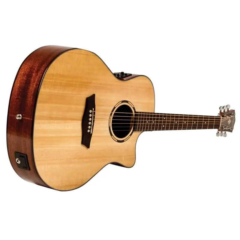 violão cutway mostrando saida p10 e compartimento de bateria