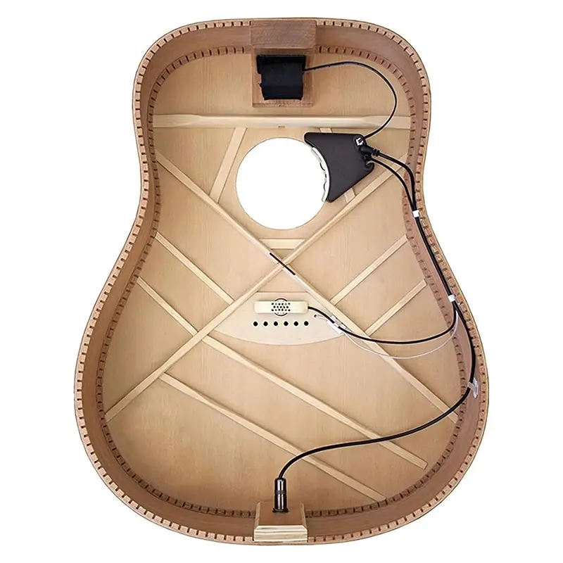 parte interna do corpo do violão mostrando microfones, jack de saida e pre amp