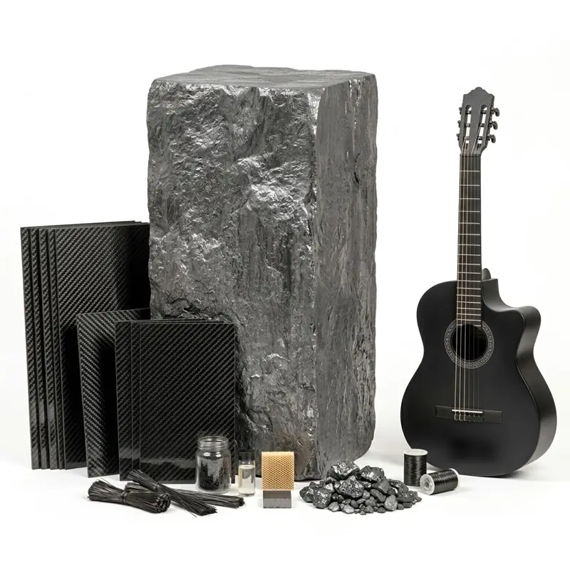 pedaço de carbono com placas de fibra de carbono além de um violão de seis cordas de fibra de carbono