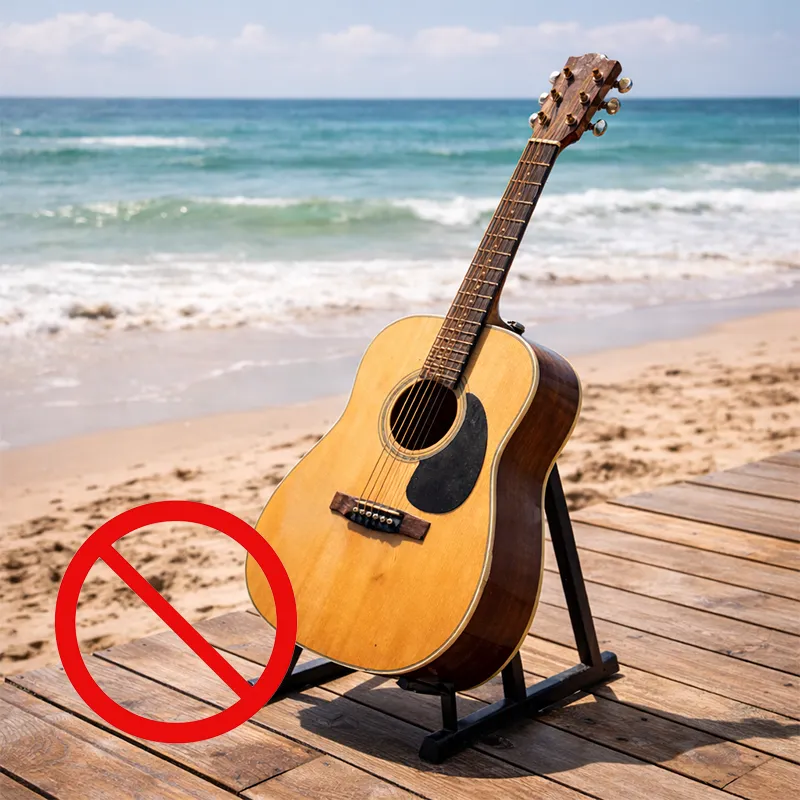 violão com sinais de desgaste e ferrujem nas cordas e tarraxas por conta da maresia em um deck sobre uma praia.