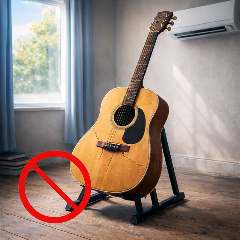violão com rachaduras no tampo em uma sala com excesso de ar gelado e seco