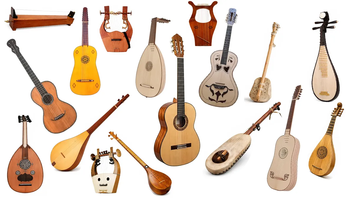 violão tradicional e diversos outros tipos de instrumentos cordofones representando a historia do violao