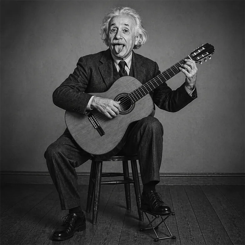 Einstein tocando violão na postura classica