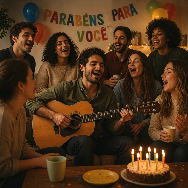 Pessoas cantando e tocando parabens para você no violão