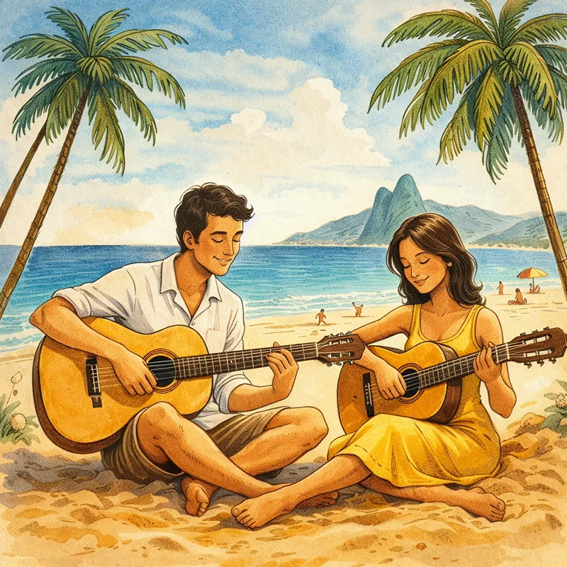 casal tocando bossa nova na praia