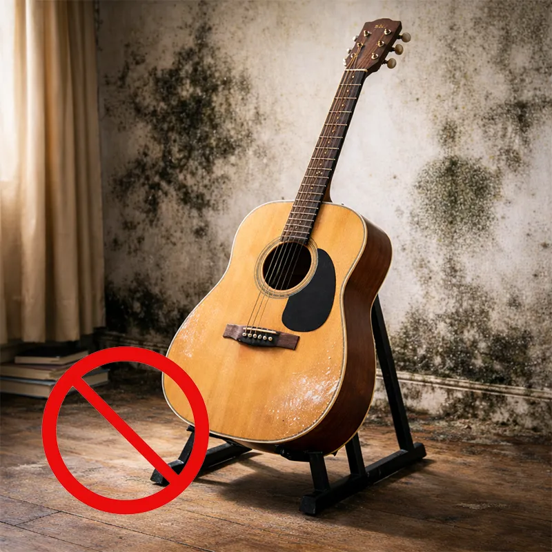 Violão sofrendo os danos do clima e umidade