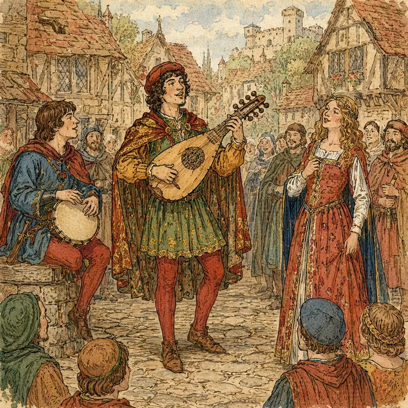 trovadores tocando em vilas europeias medievais com guitarra mourisca