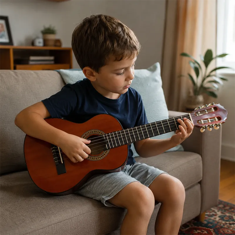 Criança de até sete anos tocando um violão de tamanho 1/4