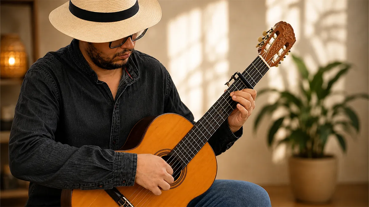 homem tocando um violão com um capotraste de metal na terceira casa do violão