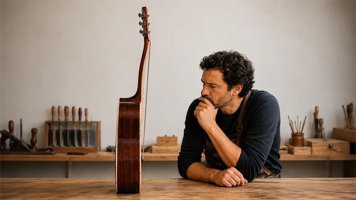 homem observando um violão com braço empenado para frente