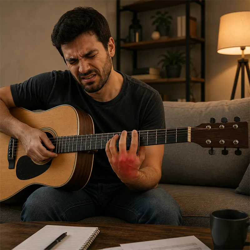 Pessoa com dor na mão esquerda porque o violão está desregulado