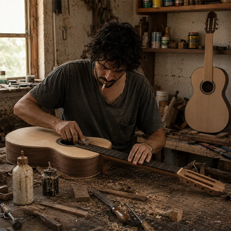 Pessoa desleixada construindo um violão