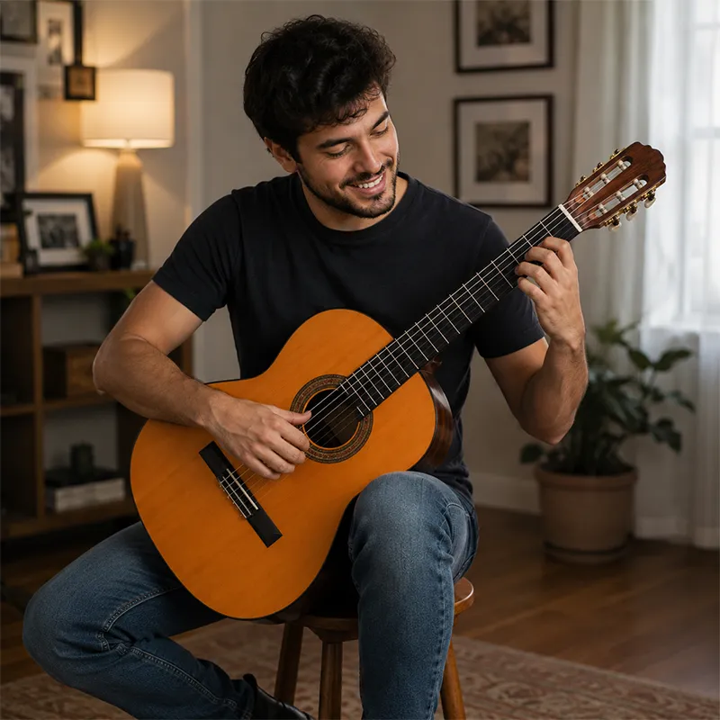 Pessoa feliz tocando um violão confortável