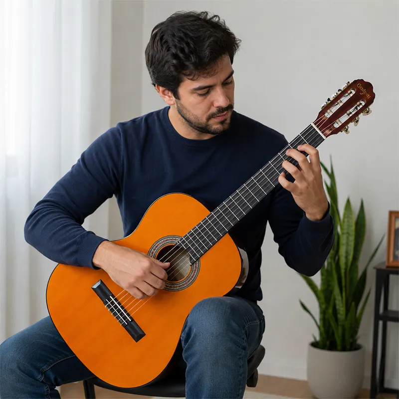 Pessoa tocando o Giannini N-14 na postura clássica