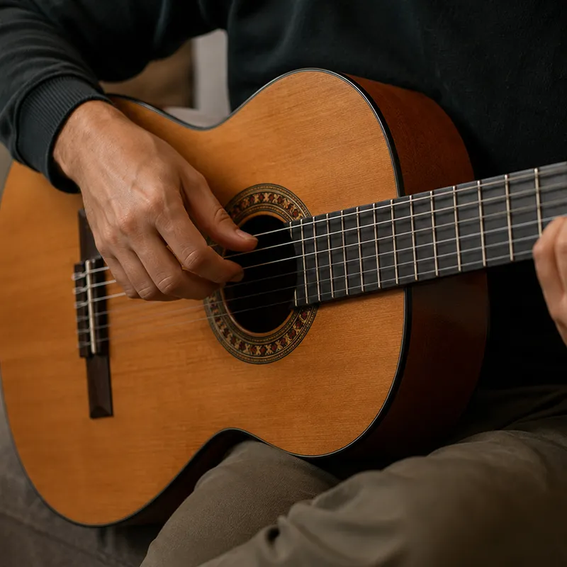 pessoa tocando violão de nylon