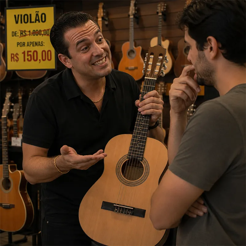 Vendedor tentando vender um violão para uma pessoa que compre por impulso