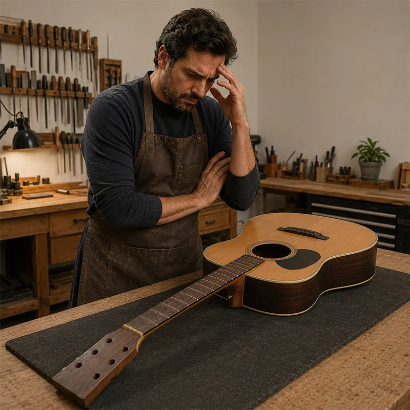 Luthier olhando e pensando sobre um violão desregulado