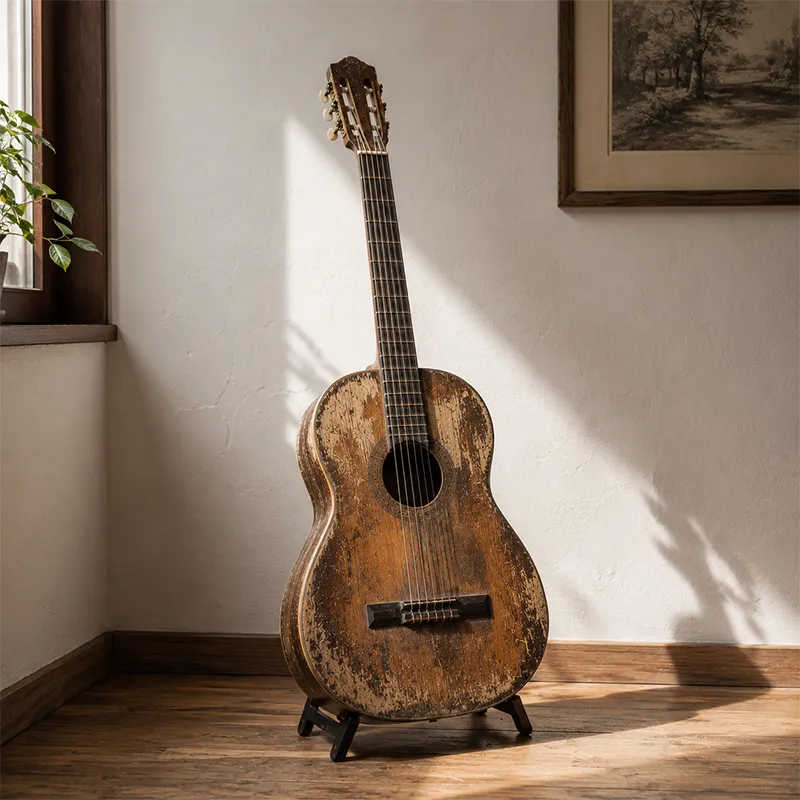 Violão velho com sinais de envelhecimento