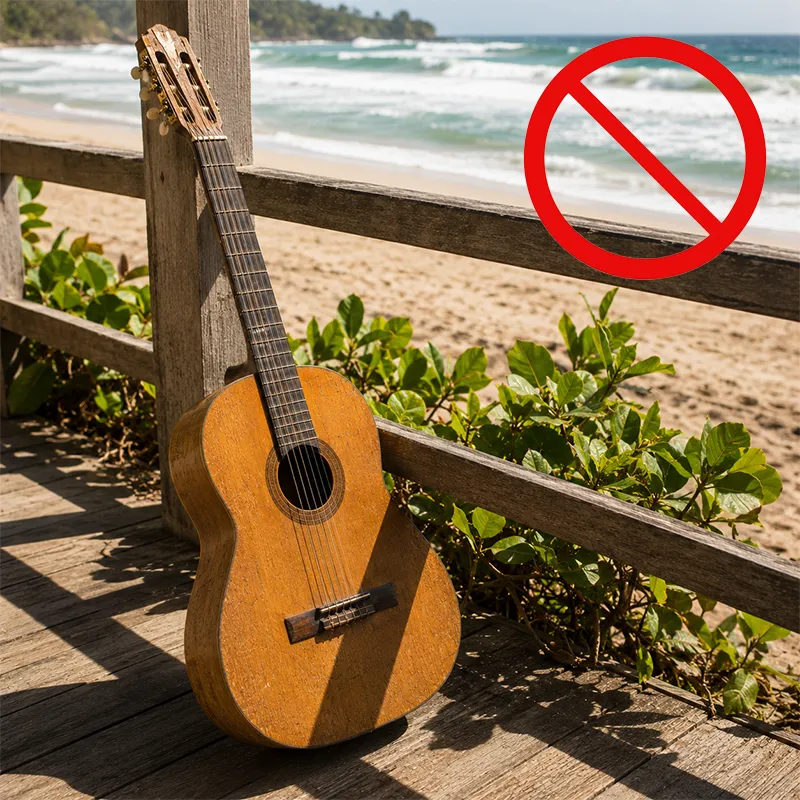 Violão sobre o efeito de sol forte e maresia