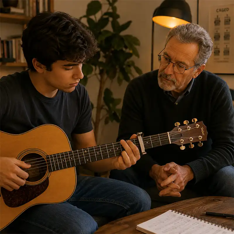 Aluno tocando violão com capotraste e professor observando atentamente